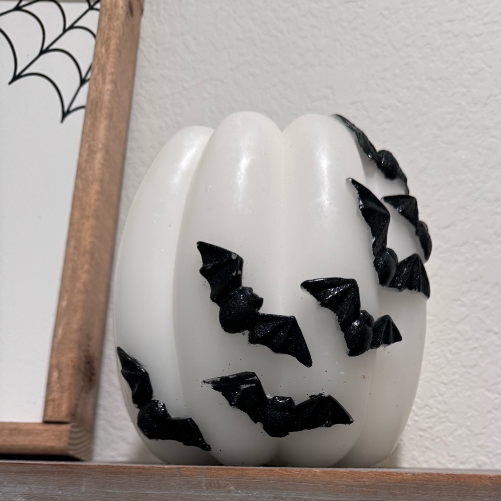 Large White Pumpkin Candle with Black Bats